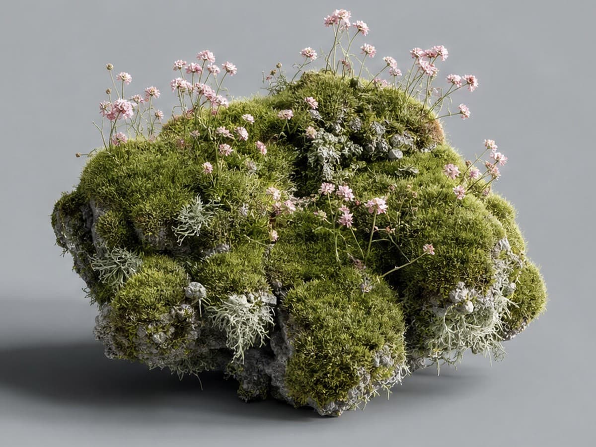 Fragment of concrete densely covered in moss and flowers