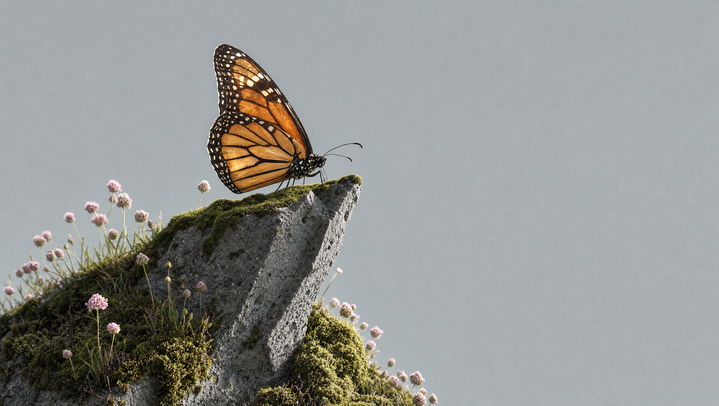 Butterfly in three-quarter view against a solid grey background, with generous negative space to the right