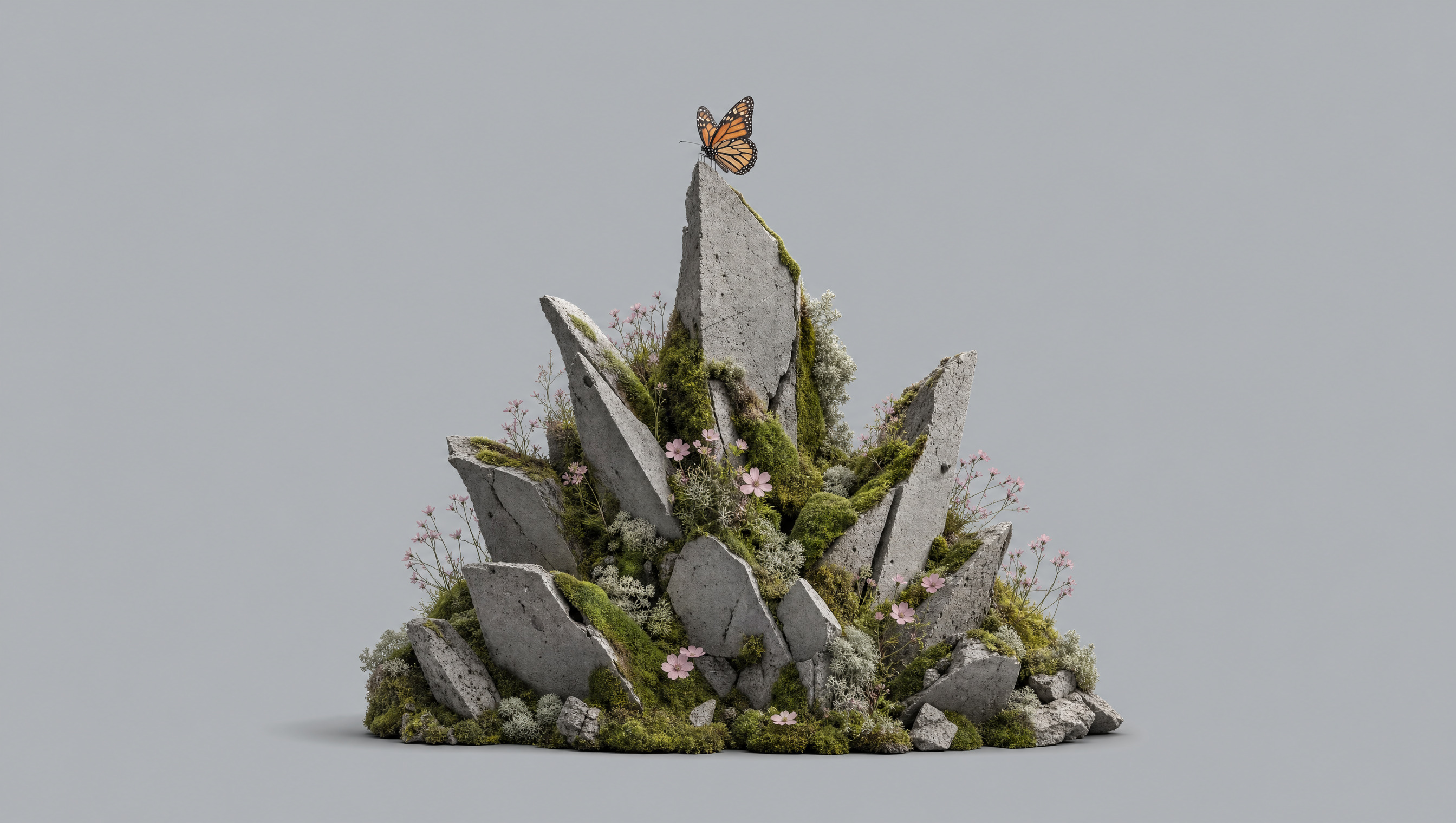 Concrete sculpture partly covered in moss, centred, with equal side margins and a butterfly perched on top