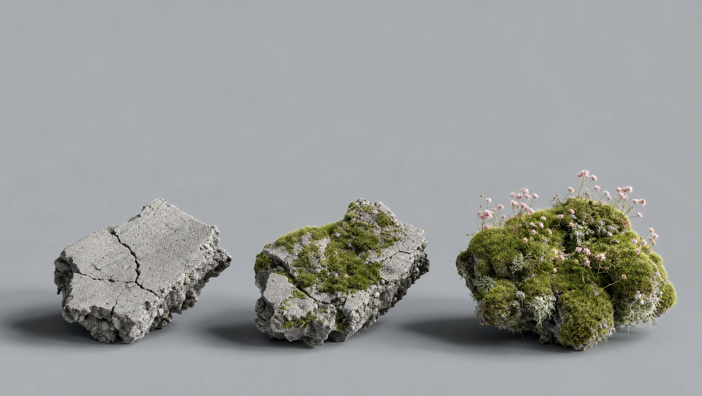 Three sculpture fragments in progression, from bare concrete to dense moss cover